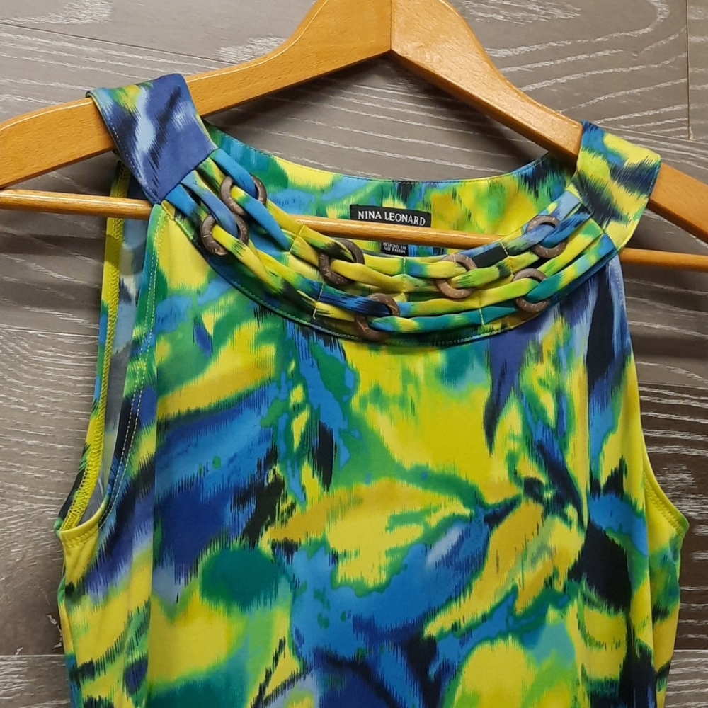 Nina Leonard blue yellow green summer dress - Picture 2 of 6